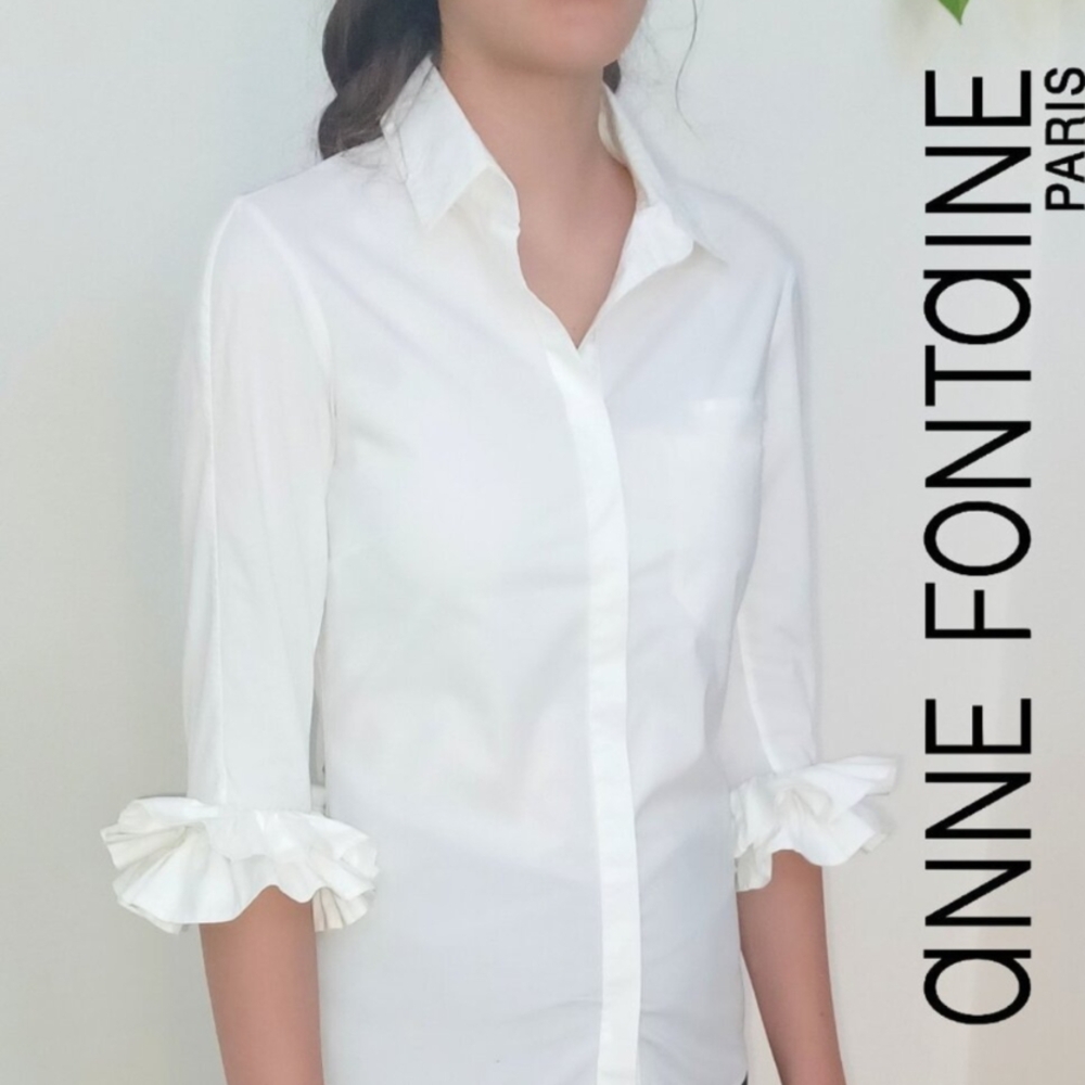 Anne Fontaine White 3/4 Sleeve Ruffled Button Down